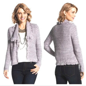 Chicos Sweater Medium‎ 1 Purple Metallic Fringe Cardigan Cropped Knit Jacket